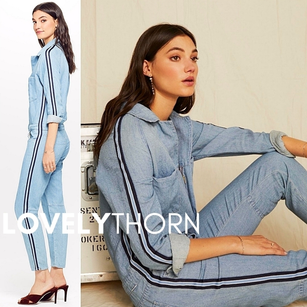 MOTHER // ltd ed mechanic-style the zip riveter side stripe chambray jumpsuit